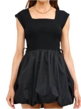 Square-Neck Black Mini Dress with Bubble Skirt